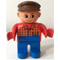 Duplo Figure, Early, with Flat Cap Brown, Blue Legs, Plaid Shirt Print (Farmer)