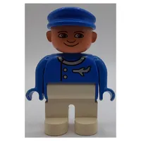 Duplo Figure, Early, with Flat Cap Blue, White Legs, Jacket with Airplane Print