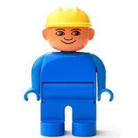 Duplo Figure, Early, Hard Hat Yellow, Blue Legs, Plain Top