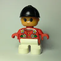 Duplo Figure, Early Child, with Helmet Black, White Legs, White Flowers Print