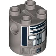 Brick Round 2 x 2 x 2 Robot Body, Axle Holder '+' Orientation with White and Black Astromech Droid Print (R2-Q2)