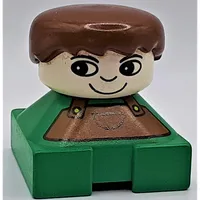 Duplo 2 x 2 x 2 Figure Brick, White Head, Spiky Bangs, Brown Hair, Brown Dungarees Print