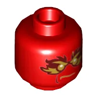 Minifig Head Kai, Gold Eyebrows, Mouth and Eyes, Dark Red and Gold Flames Print [Hollow Stud]