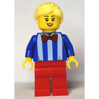 Woman, Blue and White Stripe Shirt with Red Bow Tie, Red Legs, Bright Light Yellow Hair