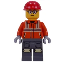 Construction Worker, Reddish Orange Safety Jacket, Overalls, Red Helmet