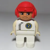 Duplo Figure, Early, Aviator Hat Red, White Legs, Top with Black Zipper and Racer #2 in Blue Circle Print