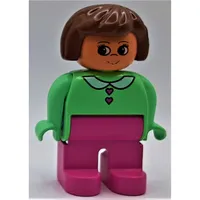 Duplo Figure, Early, Hair Bob Brown, Medium Dark Pink Legs, White Collar and Heart Buttons Print