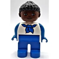 Duplo Figure, Early, Curly Hair with Bun Black, Blue Legs, Blue Arms and Neckerchief Print