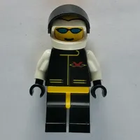 Racer, Extreme Team, Black Jacket, Black Legs, White Helmet with Flames and Visor, Blue Sunglasses