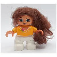 Duplo Figure with Soft Hair Brown, White Legs, Lace Collar with Pink Flower Print