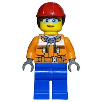 Construction Worker, Woman, Orange Safety Jacket, Blue Legs, Ponytail with Red Hard Hat