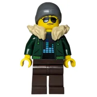 Dark Green Torso, Dark Brown Legs, Tan Collar, Dark Bluish Grey Beanie