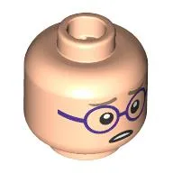 Minifig Head Koby, Dark Tan Eyebrows, Dark Purple Glasses, Open Mouth Smile / Worried