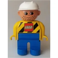 Duplo Figure, Early, Hard Hat White, Blue Legs, Stubble, with Black Stripes and LEGO Logo Print,