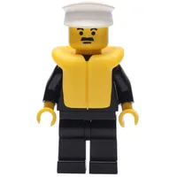 Policeman, Black Suit with Tie and Badge, White Hat, Yellow Life Vest, Moustache