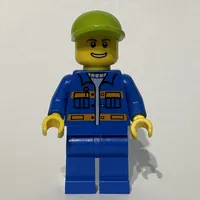 Worker, Blue Shirt with Orange Stripes and Pockets, Lime Cap