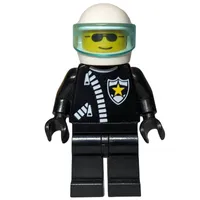 Policeman, Black Jacket with Zipper and Badge, White Helmet with Trans-Light Blue Visor