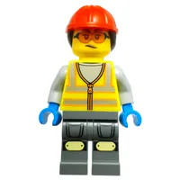 Workshop Mechanic, Vibrant Yellow Safety Vest, Dark Bluish Grey Legs, Red Cap, Orange Safety Glasses