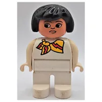 Duplo Figure, Early, Hair Bob Black, White Legs, Yellow and Red Scarf Print