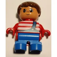 Duplo Figure, Early Child, Hair Swept Left Brown, Blue Legs, White Stripes and Blue Overalls with One Strap Print