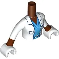 Minidoll Torso Woman with Lab Coat, ID Badge, Dark Azure V-Neck Shirt print, Reddish Brown Arms, White Hands