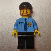 Policeman, Medium Blue Shirt with Badge and Tie, Black Cap, Beard