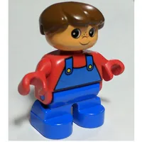 Duplo Figure, Early Child, Hair Swept Left Brown, Blue Legs, Red Top with Blue Overalls Print