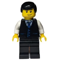 Man, Black Vest over White Shirt with Tie, Black Legs, Black Hair, Stubble