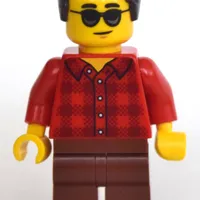 Man, Red Plaid Shirt, Reddish Brown Legs, Sunglasses, Dark Brown Hair