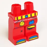 Hips and Red Legs with Yellow Belt, Pockets, Boots, Vertical Scratches/Tears, Blue Brick and Yellow Minifig Head Print