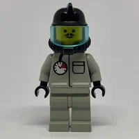 Fireman, Light Gray Fire Suit with Gauge and Pocket, Black Helmet with Visor, Breathing Apparatus, Airtanks, Moustache
