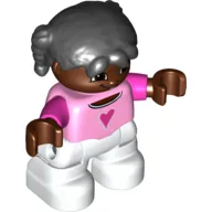 Duplo Figure Child with Pigtails Black, with Bright Pink Top with Dark Pink Heart and Sleeves - Dark Brown Face and Hands - White Legs