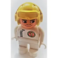Duplo Figure, Early, Aviator Hat Yellow, White Legs, Black Zipper and '1' Print