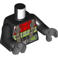 Torso, Red Fire Fighter Suit, Silver/Neon Yellow Reflective Stripes, Dark Tan Straps print, Black Arms, Dark Bluish Gray Hands
