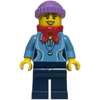 Woman, Medium Blue Polo Shirt with Necklace, Dark Blue Legs, Red Bandana Scarf, Medium Lavender Hat