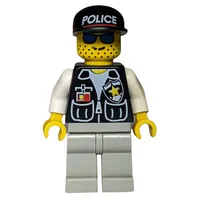 Policeman, Black Vest with Badge and Pockets, Light Gray Legs, Black Cap with 'POLICE', Blue Sunglasses