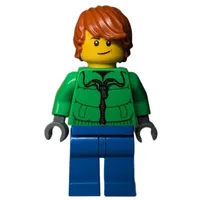 Man, Bright Green Jacket, Blue Legs