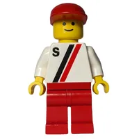 Man, White Shirt with Two Stripes and 'S', Red Legs, Red Cap