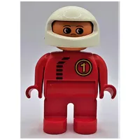 Duplo Figure, Early, Helmet White, Red Legs, Black Zipper and '1' Print