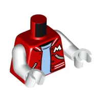 Torso Letterman Jacket, Zipper Pockets, White 'M', Medium Blue Shirt print, White Arms and Hands