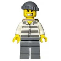 Criminal, Prison Shirt with #50380, Dark Bluish Gray Legs, Dark Bluish Gray Hat, Dark Tan Backpack, Gold Tooth