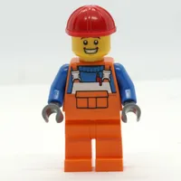 Construction Worker - Orange Overall, Red Helmet, Smile