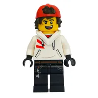 Jack Davids, White Hoodie with Downed Hood and Red Backwards Cap, Scared / Open Mouth