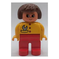 Duplo Figure, Early, Hair Bob Brown, Red Legs, Red Buttons and Gray Wrench, Turned Up Nose Print