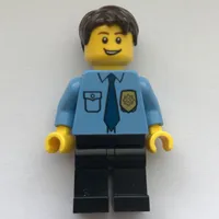 Policeman, Medium Blue Shirt with Badge and Tie, Black Legs, Dark Brown Hair