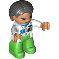 Duplo Figure Bob / Pageboy Hair Black, with Nurse / Medic / Vet - Bright Green Legs