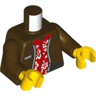 Torso, Jacket, Name Tag, Red Shirt with White Flowers print, Dark Brown Arms, Yellow Hands