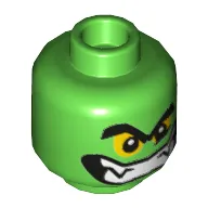 Minifig Head Green Goblin, Thick Eyebrows, Yellow Eyes and Wide Grin with Teeth Print