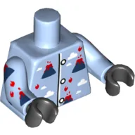 Torso Pajamas with 3 Buttons, Volcanoes with Lava and Fire and White Clouds Fabric Print, Bright Light Blue Arms with Volcano Pajamas Fabric, Black Hands