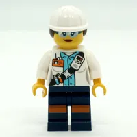 Miner, Woman, Open White Jacket with Shoulder Belt and ID Badge, White Hard Hat with Hair, Safety Glasses